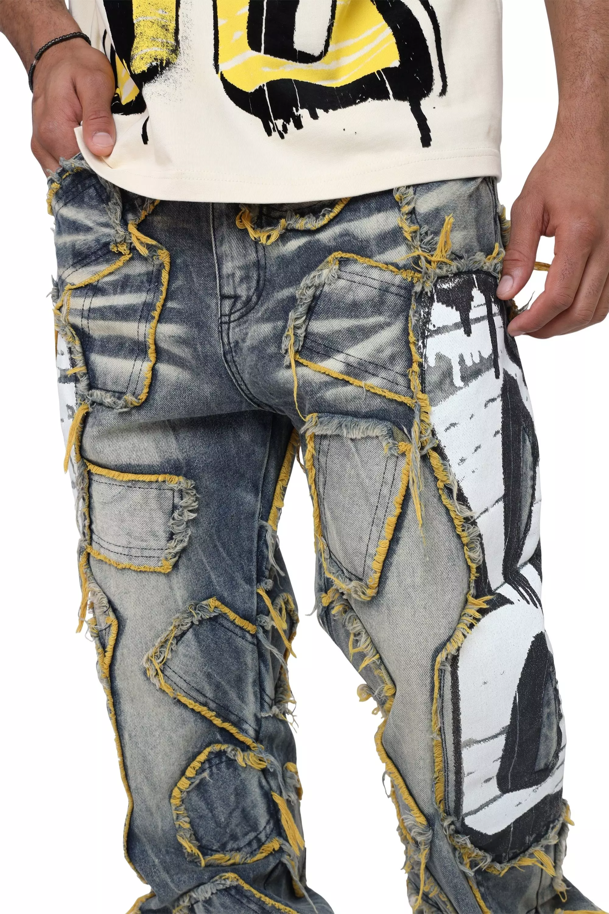 Smoke Rise Retro 88 Men's Patched Wide Leg Jeans - Kelly Blue